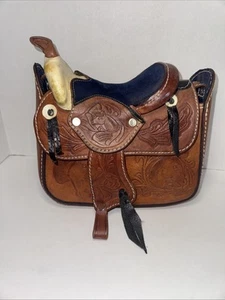Bolso de montar vintage de cuero mecanizado a mano marrón novedad occidental caballo occidental - Imagen 1 de 14