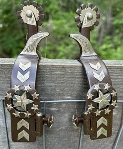 Adult Size Antiqued Brown Steel Spurs with Engraved Silver and Star Cutout PAIR - Picture 1 of 10