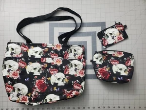Skull & Rose Tote Set HANDMADE Tote Cosmetic Bag Coin Purse - Picture 1 of 3