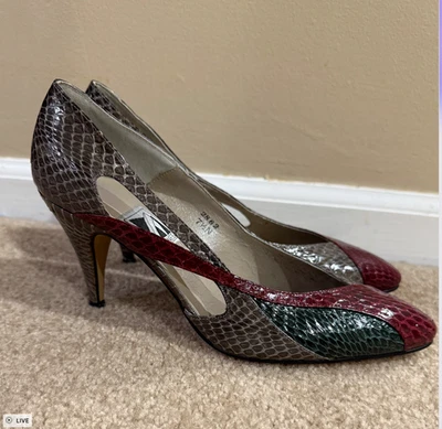 Zapatos de salón vintage de cuero de piel de serpiente J Renee multicolor rojo verde gris tacones 7,5 N Foto 1 de 4