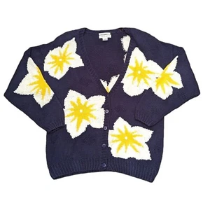 Vintage 80s Izod Navy Blue Floral Cardigan Sweater Knitted By Hand Size Large L - Picture 1 of 6
