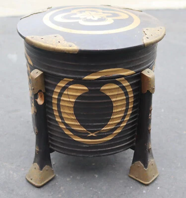 Antique Japanese Black Lacquer Hokai Lidded Box 4 Legs w/ Brass Accents Asian - Image 1 of 4