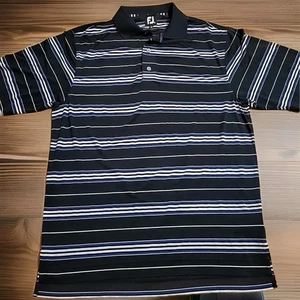Footjoy Golf Polo Shirt SS Medium Blk Blue Wht Stripe Stretch Likeonew - Picture 1 of 10