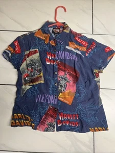 Vintage Harley Davidson Tori Richard Hawaiian Shirt Medium Childrens Shirt - Picture 1 of 3