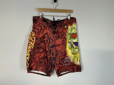Pantalones Cortos De Colección Ed Hardy Para Hombre Rojo "Surf or Die" Talla 36 Gráfico Bañador Foto 1 de 4