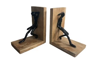 Brutalist Wrought Iron Sculpture Metal Man Hold Push Pose Rustic Wood Bookends - Picture 1 of 7