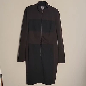 Akris Black Brown Long Sleeve Wool Dress Sz 14 Modest Minimalist - Picture 1 of 9