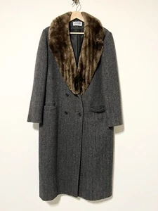 Vintage JG Hook Wolle grau Fischgrät Mantel Parka Mantel Damen lang Kunstfellkragen R78 - Bild 1 von 7