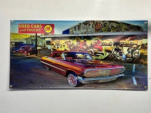 Lowrider Chevy Impala Vert Ok - 13 OZ Banner 2 pies x 4 pies Mancave Shop Garage - Imagen 1 de 4