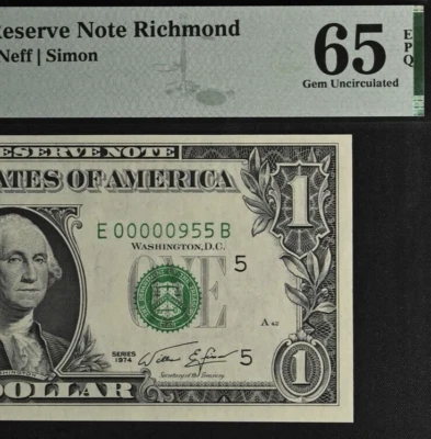 1974 $1 Richmond FRN PMG 65EPQ gem three digit low serial number 00000955 - Image 1 of 3