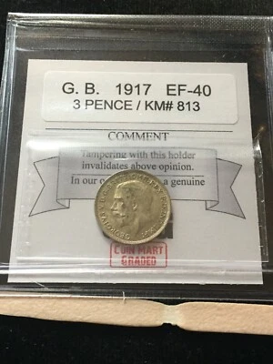 1917  Great Britain,  3 Pence, Coin Mart Graded**EF-40** KM# 813 - Image 1 of 4