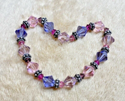 Fashion Jewelry Silver Beaded Crystal Stretch Bracelet Pink Purple & Red NOS VTG - Image 1 of 4