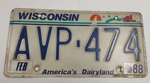Feb 1988 Single Wisconsin "America's Dairyland" License Plate # AVP-474 - Picture 1 of 3