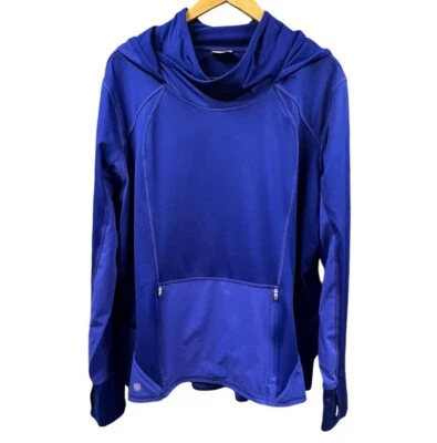 Athleta Plush Tech Hoodie Women L/XL Blue Crossover Neck Zip Pockets Activewear - Image 1 of 4