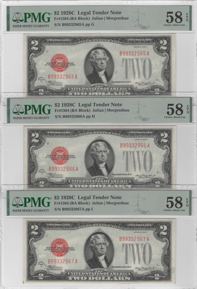 Extremely Rare Sequential Serial #s Legal Tender Note USA $2 1928C BA Block PMG - Image 1 of 1