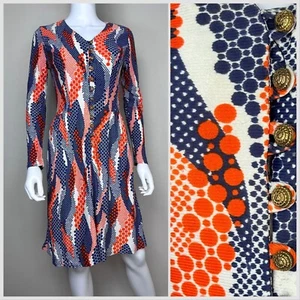 Vintage 1970s Orange Blue Psychedelic Swirl Polka Dot Dress 70s Funky Mod - Picture 1 of 7