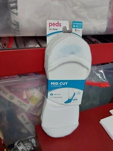Nuevo con etiquetas Peds No Show Mujer Corte Medio Cojín Blanco Tallas Extendidas Zapato 8-12 6 pares - Imagen 1 de 1