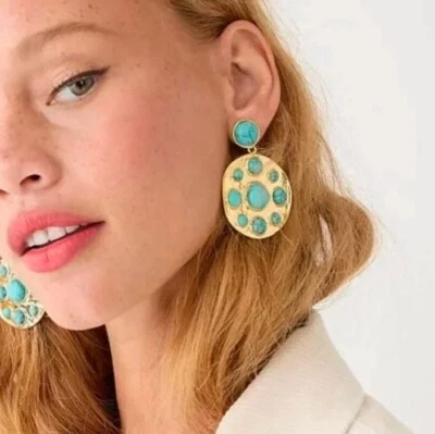 J. Pendientes colgantes Crew Stone medallón vintage disco dorado azul turquesa firmados Foto 1 de 4