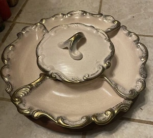 Vintage USA Cal Style 254 Pottery 6 Piece Bowl Trays Lazy Susan Set Beige Gold - Picture 1 of 7