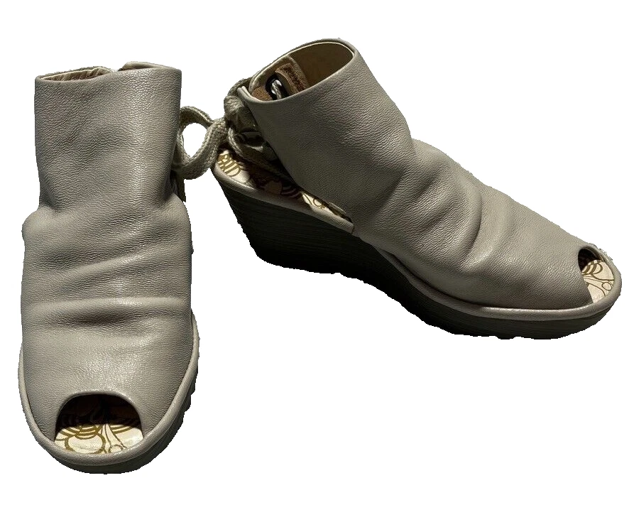 Fly London Taupe Leather Yema Peeptoe Wedge Shoe Tie Womens  US 7 EU 38 - Image 1 of 4