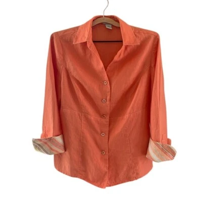 Camisa de mujer Tweed con cuello de lino abotonada manga enrollable coral talla 14W Foto 1 de 4