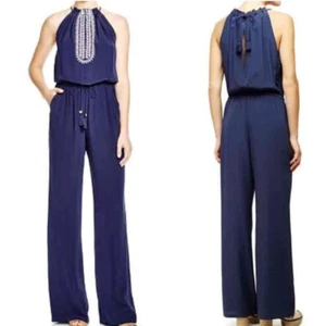 Tory Burch 100% Silk Jumpsuit Romper Size Small Elastic Waist Blue Embroidered - Picture 1 of 10