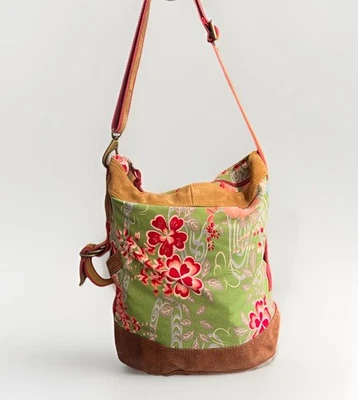 LUCKY BRAND Floral Blossom Green Canvas Suede purse tote bag boho Large VTG Y2k - Image 1 of 4