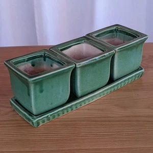 Vintage grün Keramik 3 Topf Übertopf Set mit Tablett, quadratische Sukkulenten Kräutertöpfe - Bild 1 von 6