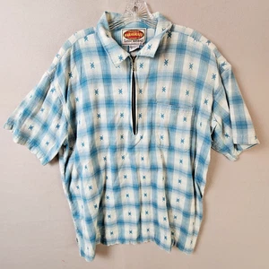 Camicia uomo mezza zip Paragraff grande 100% cotone blu a quadri manica corta - Foto 1 di 10