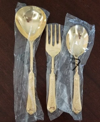 Lote de 3 piezas para servir tenedor de carne, cuchara para servir, cazuela chapada en oro China Foto 1 de 2