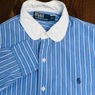 Polo Vintage Ralph Lauren Listrado Azul Botão para Cima Masculino Tamanho Grande Preppy Casual - Imagem 1 de 4