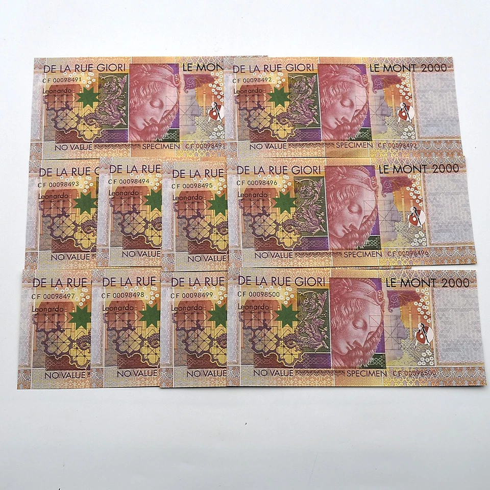 Billetes De La Rue Giori Leonardo Da Vinci Mont hoja de 10 especímenes coleccionista Foto 1 de 4