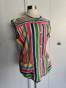 Vintage 60’s Colorful Vibrant Striped Sleeveless Snap Front Smock Shirt Apron - Picture 1 of 8