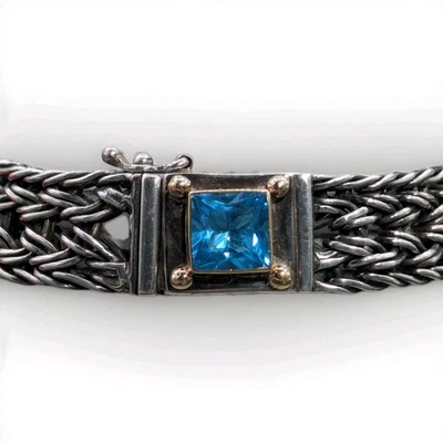 Brazalete trenzado vintage de topacio azul suizo de oro de 14 quilates diseñador artesanal  Foto 1 de 4
