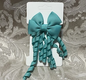 Teal Bow Curly Ribbon Grosgrain Adorable Hair Bow Clip Girl Hair Barrette Set - Picture 1 of 4
