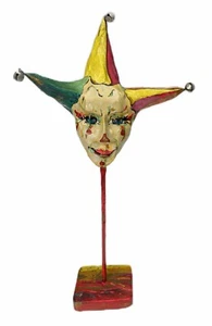 18” Jester Joker Clown Harlequin Art Figurine Paper Mache Mask Wood Base Bells - Picture 1 of 4