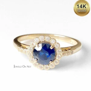14k Gold Sapphire Diamond Floral Halo Gold Ring-For Mother's Day Gift🎁Jewelry - Picture 1 of 10