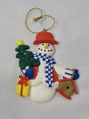 Adorno de Navidad Muñeco de Nieve Llevando Árbol de Navidad Pájaro Casa Años 90 De Colección Foto 1 de 4