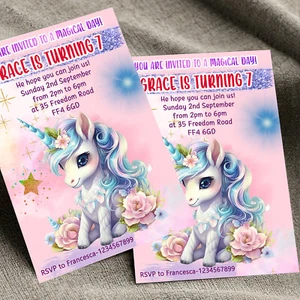 10 personalisierte Einhorn Geburtstag Party Einladungen Mädchen Einhorn Einladungen A6 - Bild 1 von 5