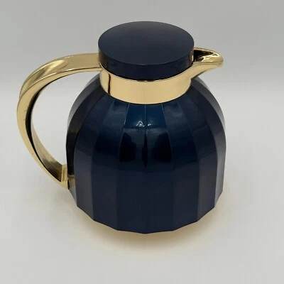 Jarra de café aislante frasco de vidrio térmico metálico azul y dorado retro vintage Foto 1 de 4