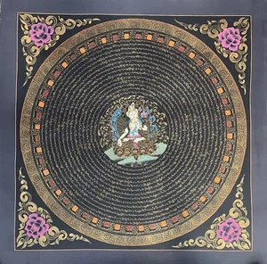 WHITE TARA OM MANI PADME MANTRA MANDALA ORIGINAL TIBETAN THANGKA PAINTING - Picture 1 of 11