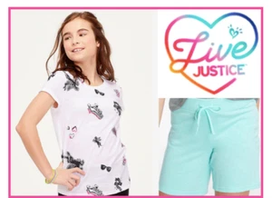 *NWT* Girls Outfit JUSTICE size 8 Fun Sticker Print Top n Knit Bermuda Shorts - Picture 1 of 6