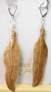 Bone Hand Carved Feather Brown .925 Sterling Silver Leverback Earrings 3 1/2" - Picture 1 of 4