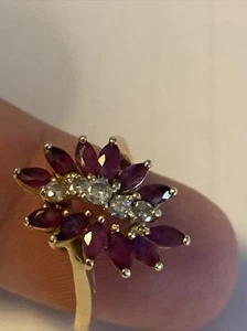 Ring Size 7.75 Diamond Ruby 14k Yellow Gold Cluster Marquise Stones 5.3 Grams - Picture 1 of 23