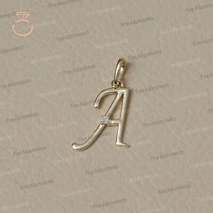 Colgante con dije inicial de oro amarillo sólido de 14 k de diamantes naturales joyas con letras - Imagen 1 de 8
