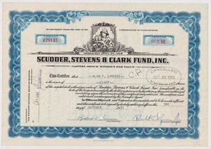 1951 Scudder Stevens & Clark Fund, Inc. Certificato di Stock Massachusetts - Foto 1 di 1