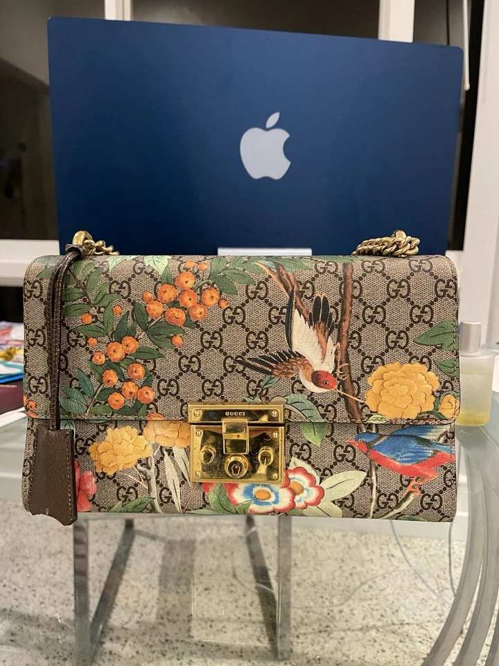 Auténtico Bolso de Mano Gucci GG Supreme Estampado Flora Candado PVC Cuero Cadena Dorada Foto 1 de 4