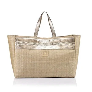 NEW ThemisZ Straw Beach Bag w/Woven Leather Gold - Picture 1 of 3