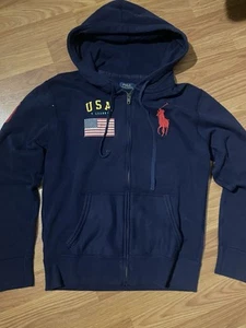Polo Ralph Lauren Hoodie Womens Big Pony USA Flag Navy Blue Zip Sweatshirt - Picture 1 of 9
