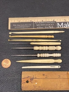8 Antique Bone Sewing Tool Stiletto Bodkin Awl Ribbon Threader Lace Crochet Hook - Picture 1 of 24